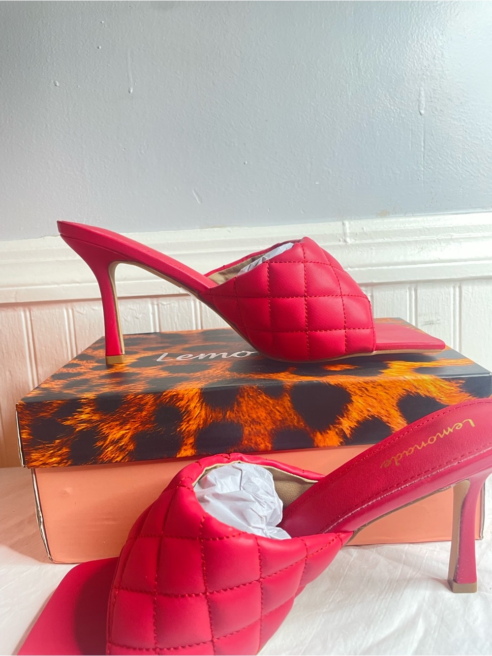 Red Quilted Open-Toe Stiletto Mule - Picture 2 of 8